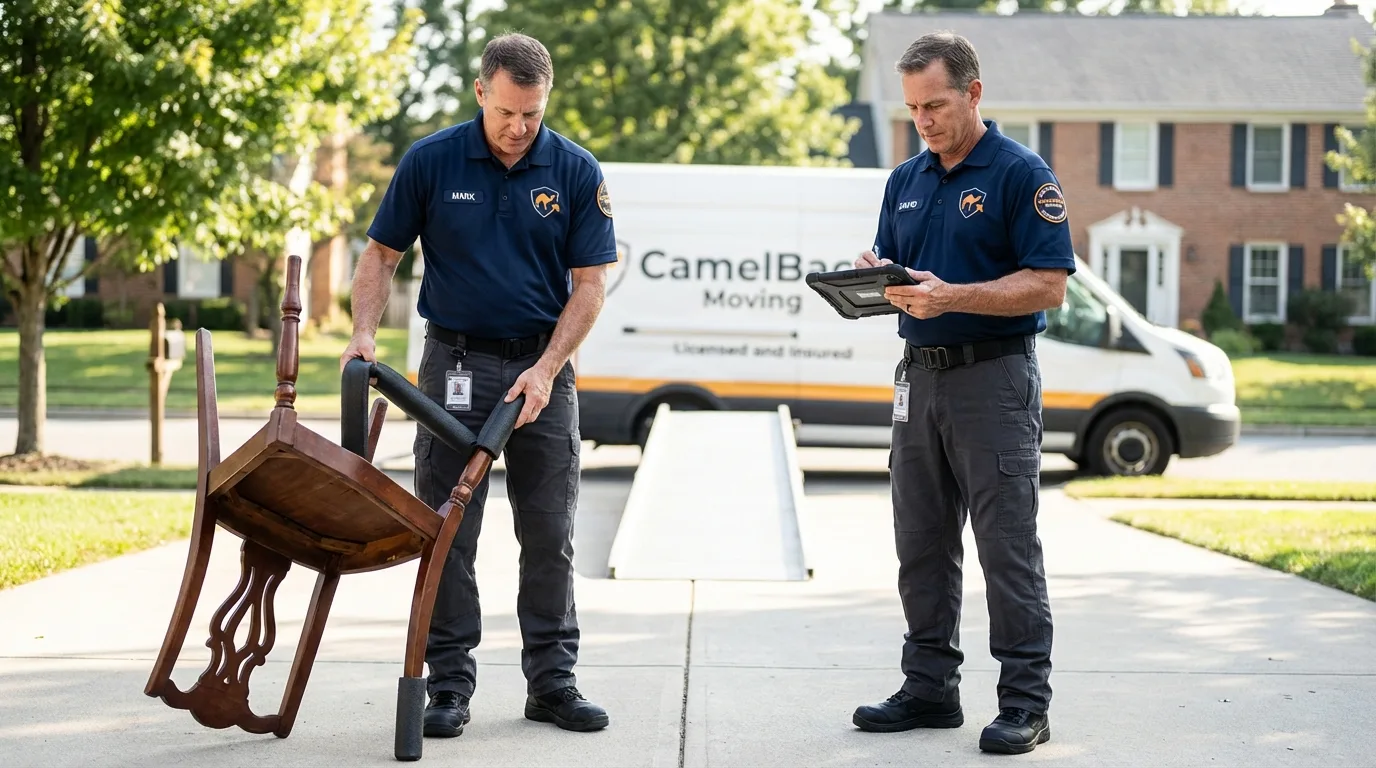 Movers inspecting furniture for damage prevention before loading in Glide, OR